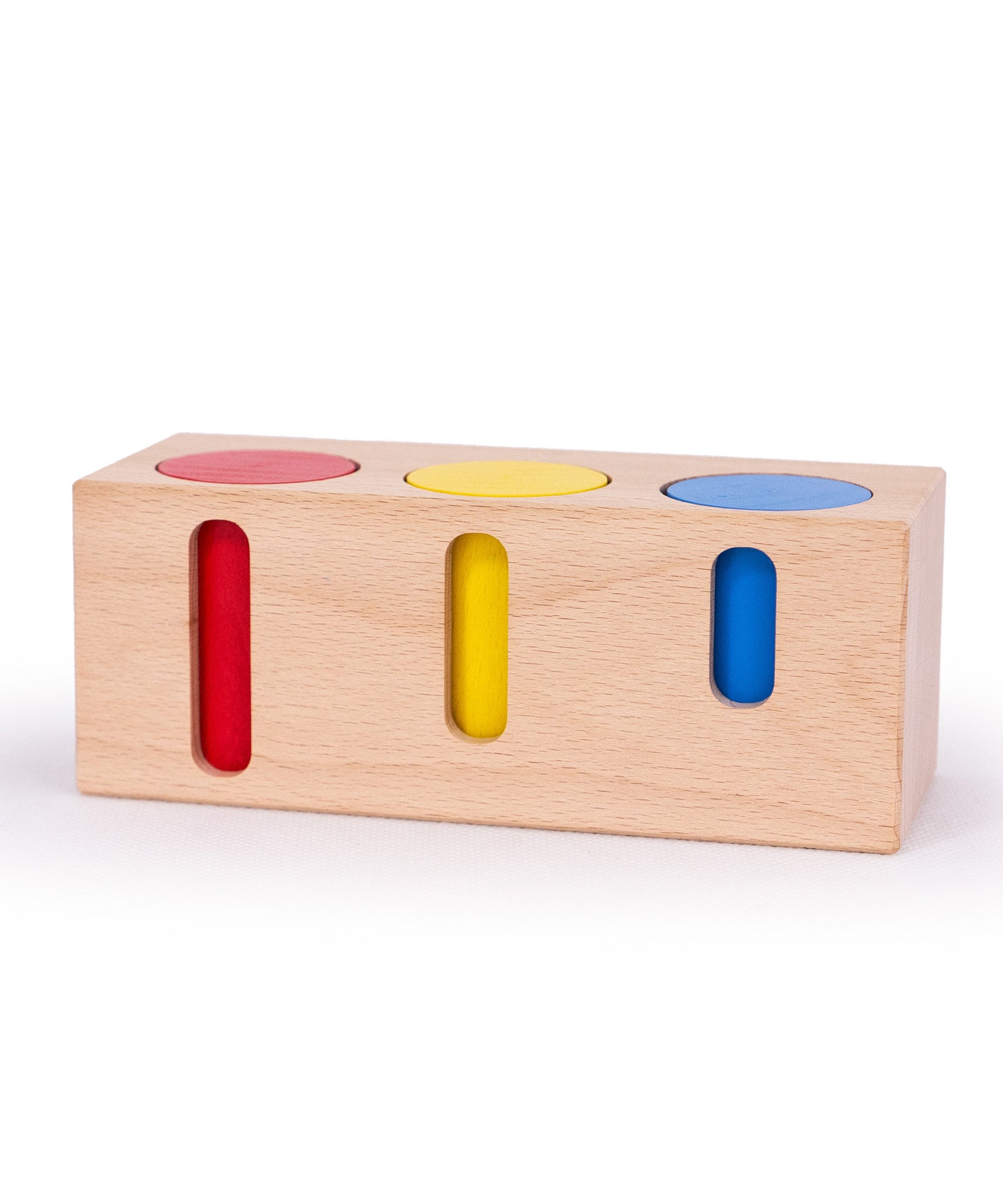 Bajo deep and shallow shape sorter puzzle set available at Babipur. The rectangular shape wooden base has the 3 coloured tubes inside 
