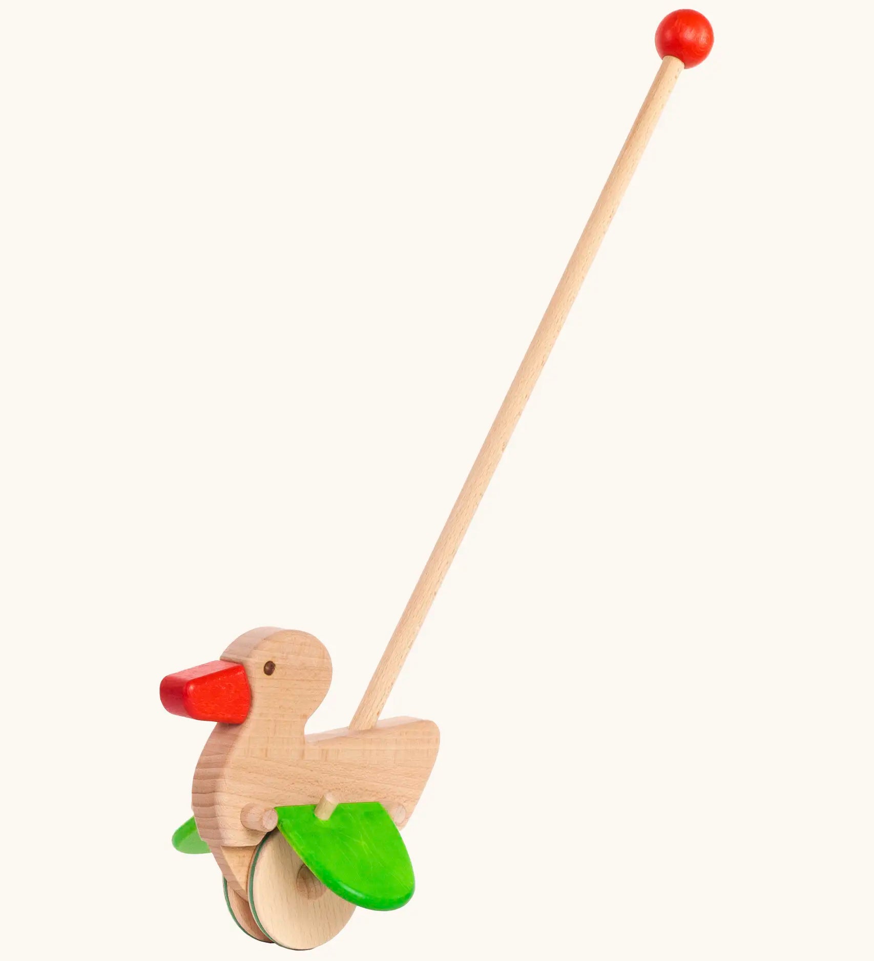 Bajo wooden duck push along toy with wheels and a long handle with a red grip