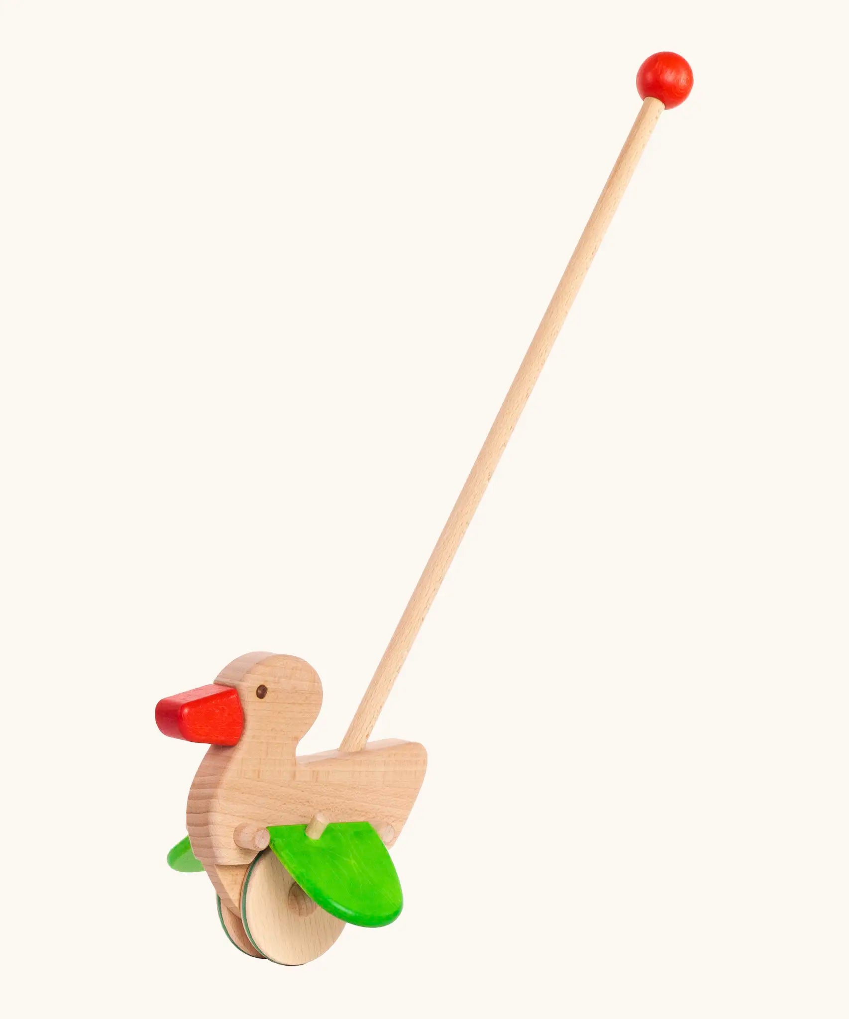 Bajo wooden duck push along toy with wheels and a long handle with a red grip