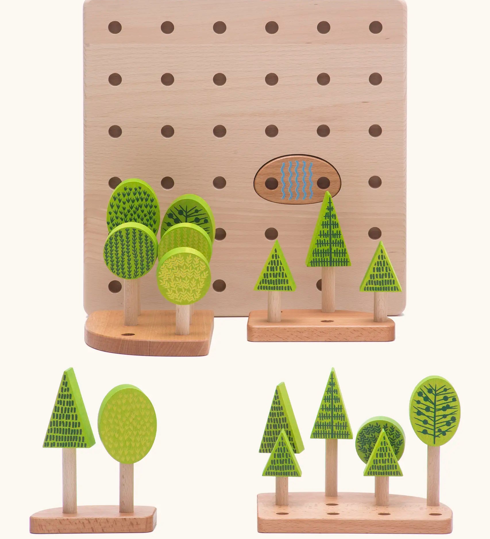 Bajo forest central park set showing a wooden boards with holes and different trees 