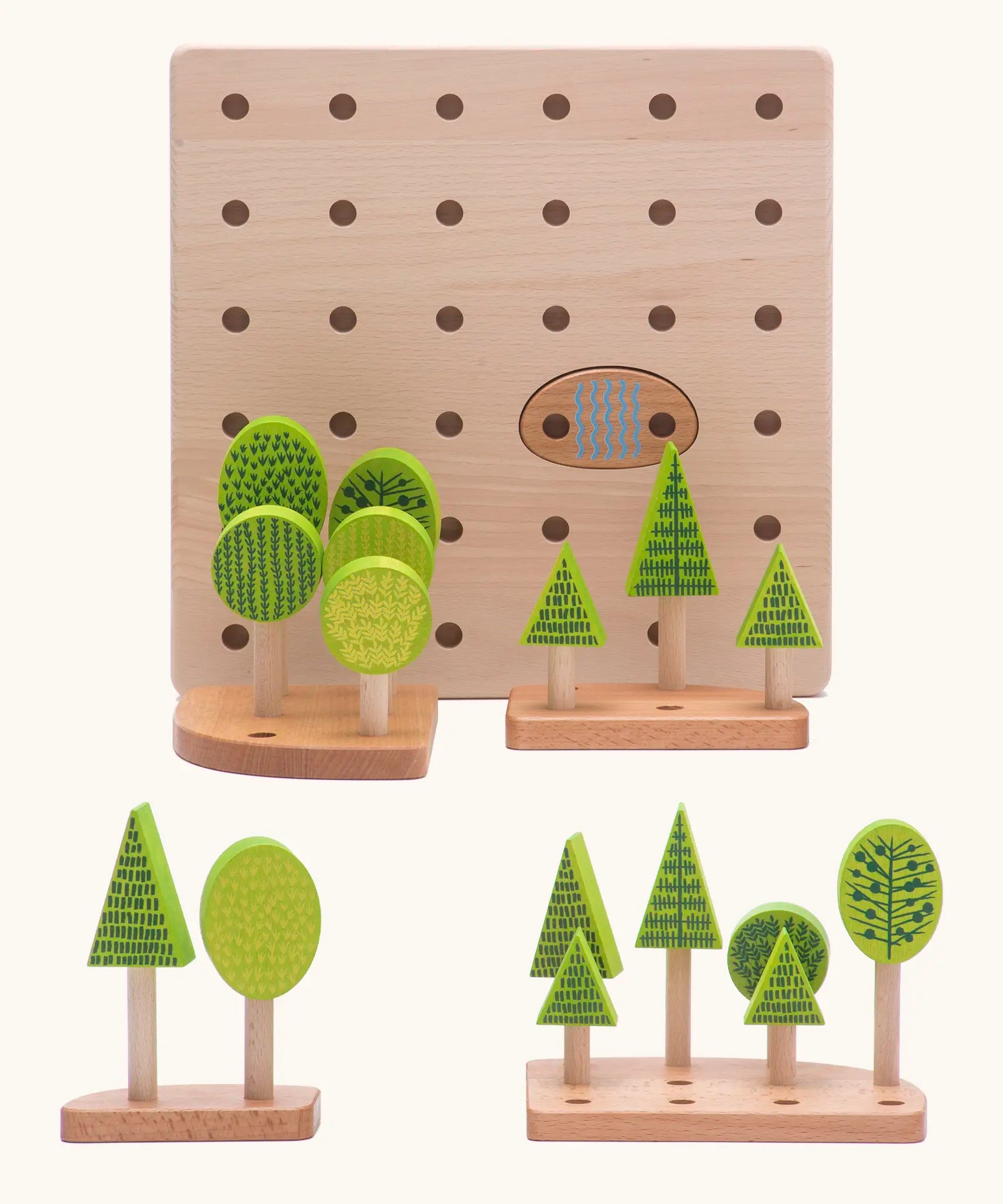Bajo forest central park set showing a wooden boards with holes and different trees 