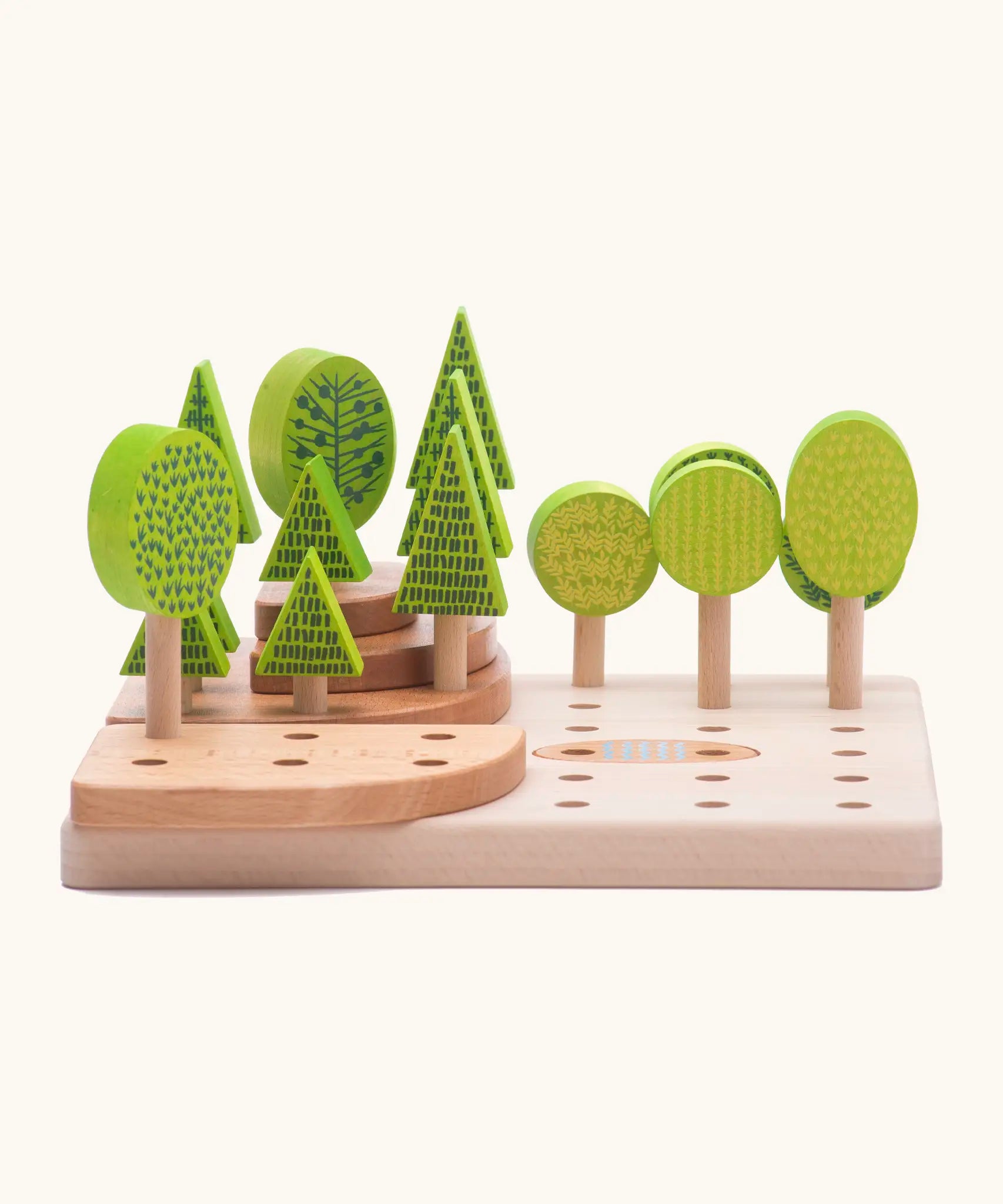 Bajo forest central park set showing the wooden boards stacked with trees pieces inserted in the holes