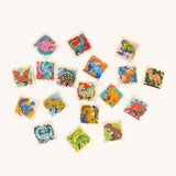 18 square pieces from the Bajo Dinosaur Memory Game, all showing colourful dinosaur images on a cream background