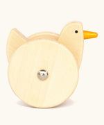 Side of Bajo wooden wobbling chicken toy showing large wheel on the side 