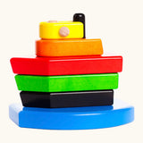 Bajo nemo stacker toy showing brightly coloured wooden pieces stacked into a boat structure