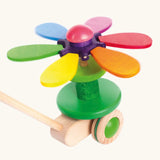Bajo wooden rainbow flower push along toy showing the coloured petals fully opened and spinning around