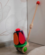Bajo rainbow flower push along toy learning against a grey cupboard