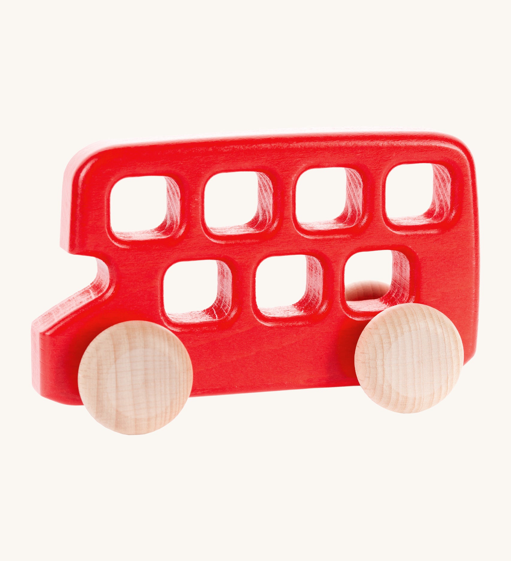 Bajo woode red double decker bus available at Babipur. A wooden push and pull toy in a shape of a red double decker bur. Features natural unpainted wheels