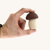 An adult hand holding one of the smallest mushroom piece from the Bajo wooden mushroom shape sorter available at Babipur showing scale