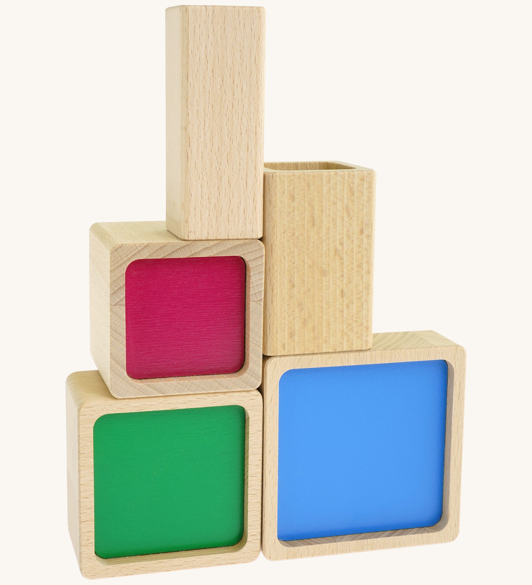 Bajo squaremide sensory stacking toy available at Babipur. 5 wooden square and rectangular shaped blocks with a different coloured base. Each blocks make a different sound.