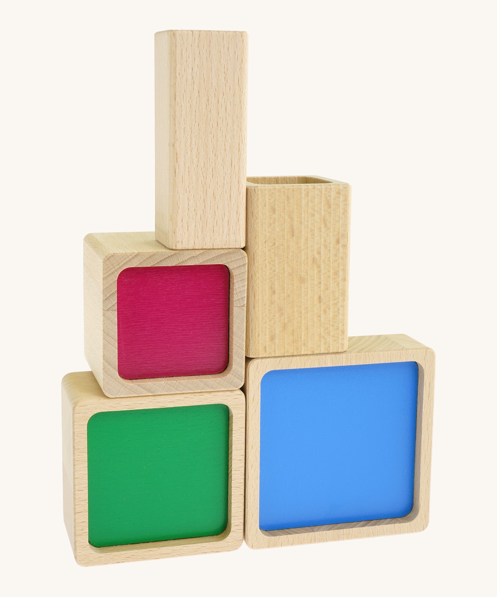 Bajo squaremide sensory stacking toy available at Babipur. 5 wooden square and rectangular shaped blocks with a different coloured base. Each blocks make a different sound.