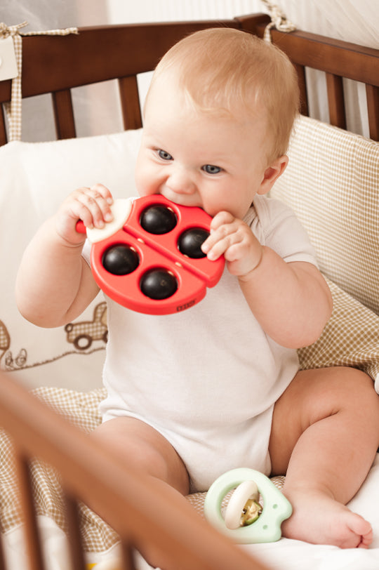 Baby playing with Bajo Red Ladybird Teether, a wooden rattle toy, to represent baby Bajo toys, for sale at Babipur, Bajo's UK distributor.