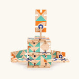 Bajo wooden domino pieces with abstract designs made into a 3D structure