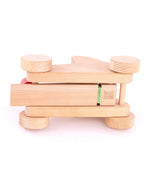 The underside of the Bajo wooden catapult toy set available available at Babipur showing the catapult's base and wheels