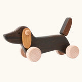 Bajo Dachshund Brown Puppy Push along toy, made from wood, on 4 wheels with floppy ears and a pointed tail.
