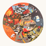 One side of the Bajo Lets Save the Planet wooden puzzle showing a destructive scene of how polluting the planet can have devastating consequences for life on earth. On a cream background