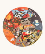 One side of the Bajo Lets Save the Planet wooden puzzle showing a destructive scene of how polluting the planet can have devastating consequences for life on earth. On a cream background
