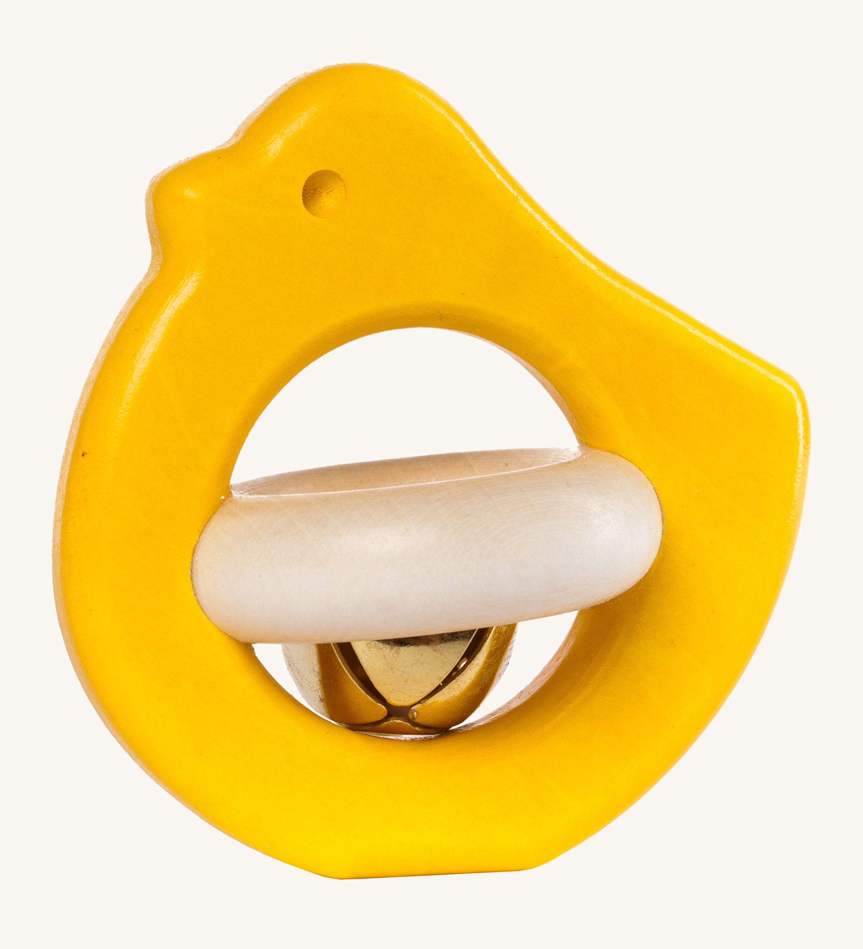 Bajo yellow bird rattle available at Babipur.  A wooden bird rattle with a bell in the middle. 