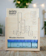 Bajo wooden fractions set inside a storage box. Features thick coloured disks with fraction values painted in black