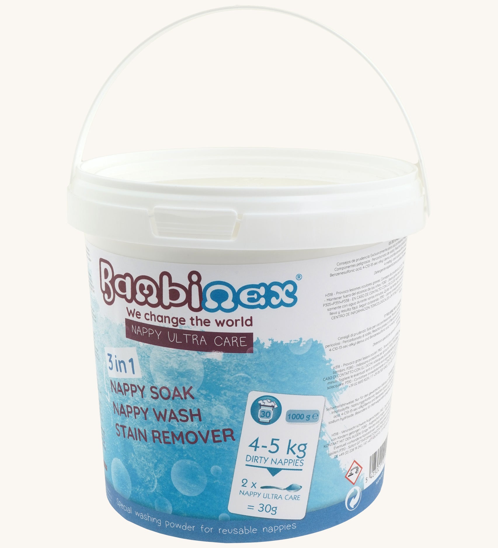 Bambinex3 in 1 nappy ultra are detergent sanitiser stain remover available at Babipur. 1Kg of detergent packaged in a white tub with branding sticker on the front. Features a handle for easy carrying.