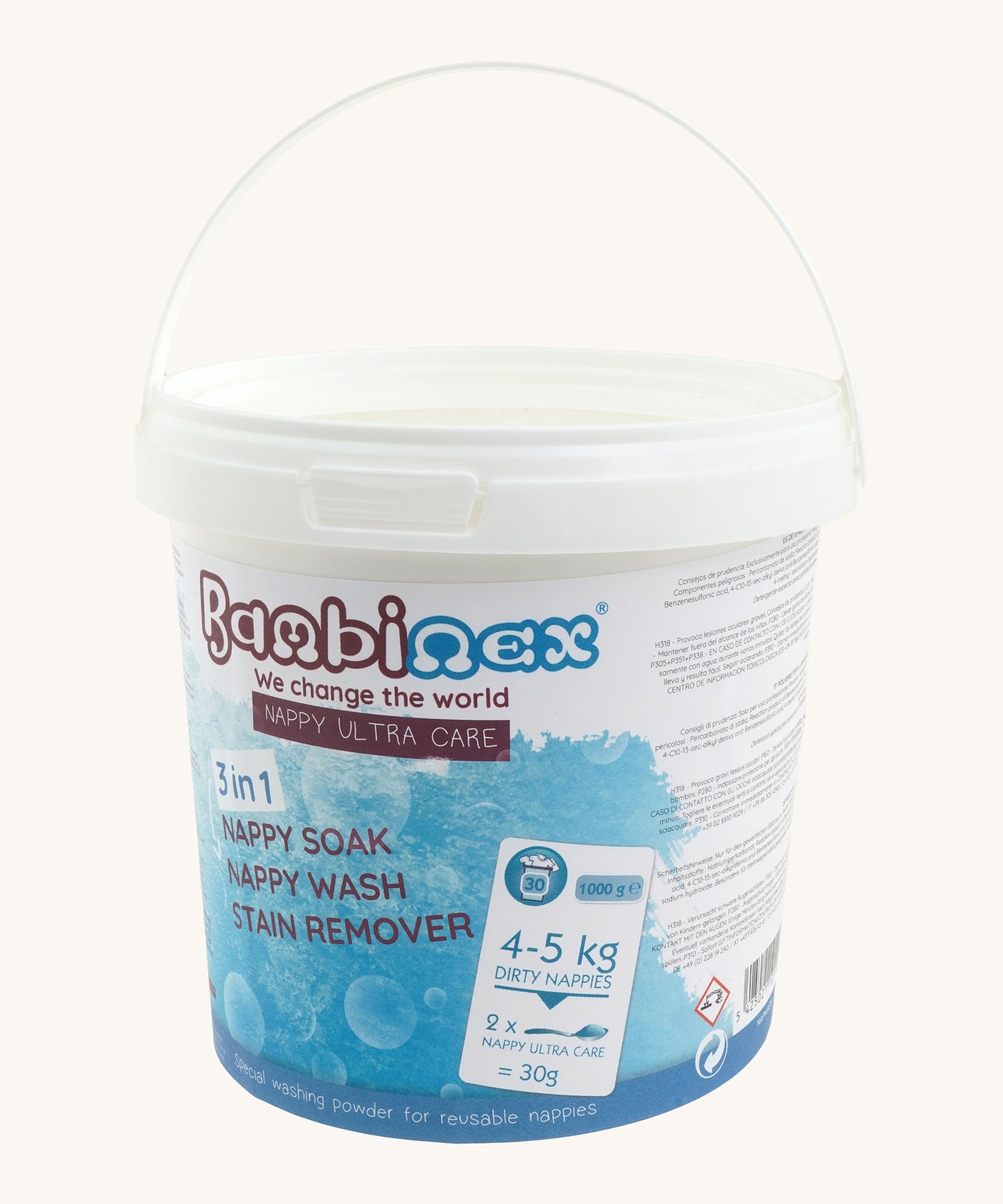 Bambinex3 in 1 nappy ultra are detergent sanitiser stain remover available at Babipur. 1Kg of detergent packaged in a white tub with branding sticker on the front. Features a handle for easy carrying.