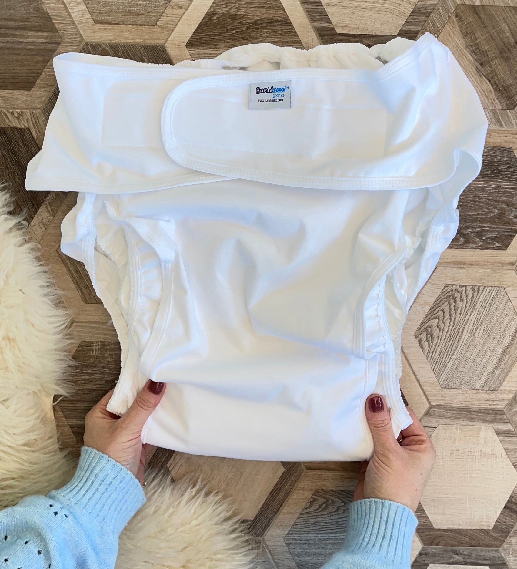 Washable and Reusable Adult Incontinence Nappy Size 3 by Bambinex, used by teens or adults, available to buy at Babipur.
