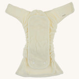 A open Bambinex bamboo nappies available at Babipur. Features a velcro fastener and added bamboo booster for extra absorbency.