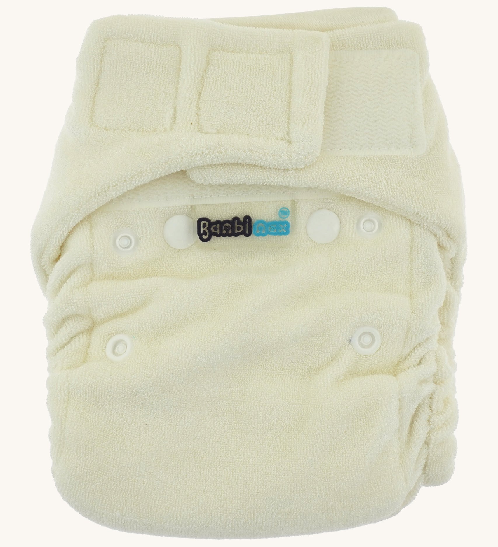Bambinex bamboo size 1 nappy in cream available at Babipur. Features a velcro fastener and comes in 2 sizes.