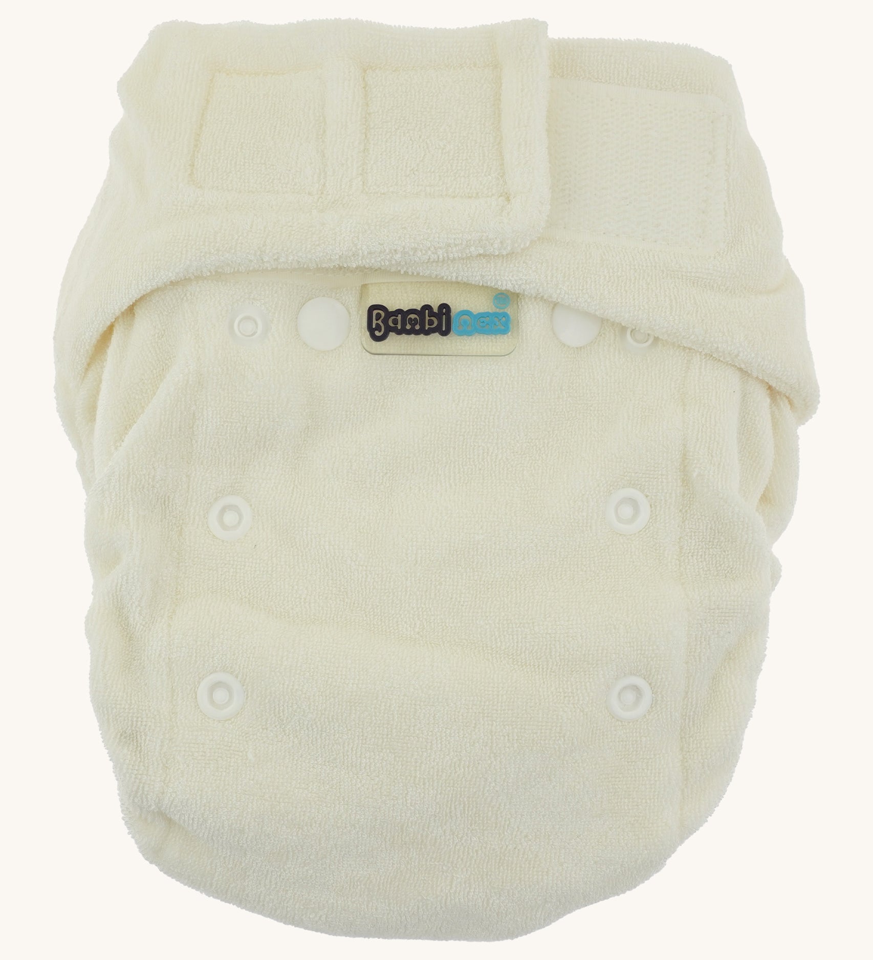 Bambinex bamboo size 2 nappy in cream available at Babipur. Features a velcro fastener and comes in 2 sizes.