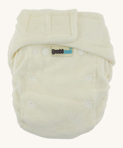 Bambinex bamboo size 2 nappy in cream available at Babipur. Features a velcro fastener and comes in 2 sizes.