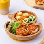 Eco Rascals Duck Bamboo Suction Plate, with carrot sticks, salad and pastry swirls. 