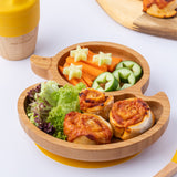 Eco Rascals Duck Bamboo Suction Plate, with carrot sticks, salad and pastry swirls. 