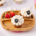 Bamboo baby section plate with strawberries and marshmallow cupcakes. 
