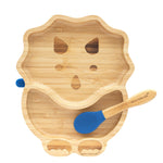 Eco Rascals Dinosaur Bamboo Suction Plate with a blue suction base and matching blue silicone and bamboo baby spoon.