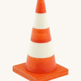Beck mini wooden traffic cone available at Babipur. This triangular cone has a square base and hand painted in bright orange and white stripes
