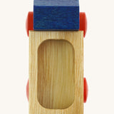 A close up of the trailer detail on the Beck wooden lorry toy in blue available at Babipur. 