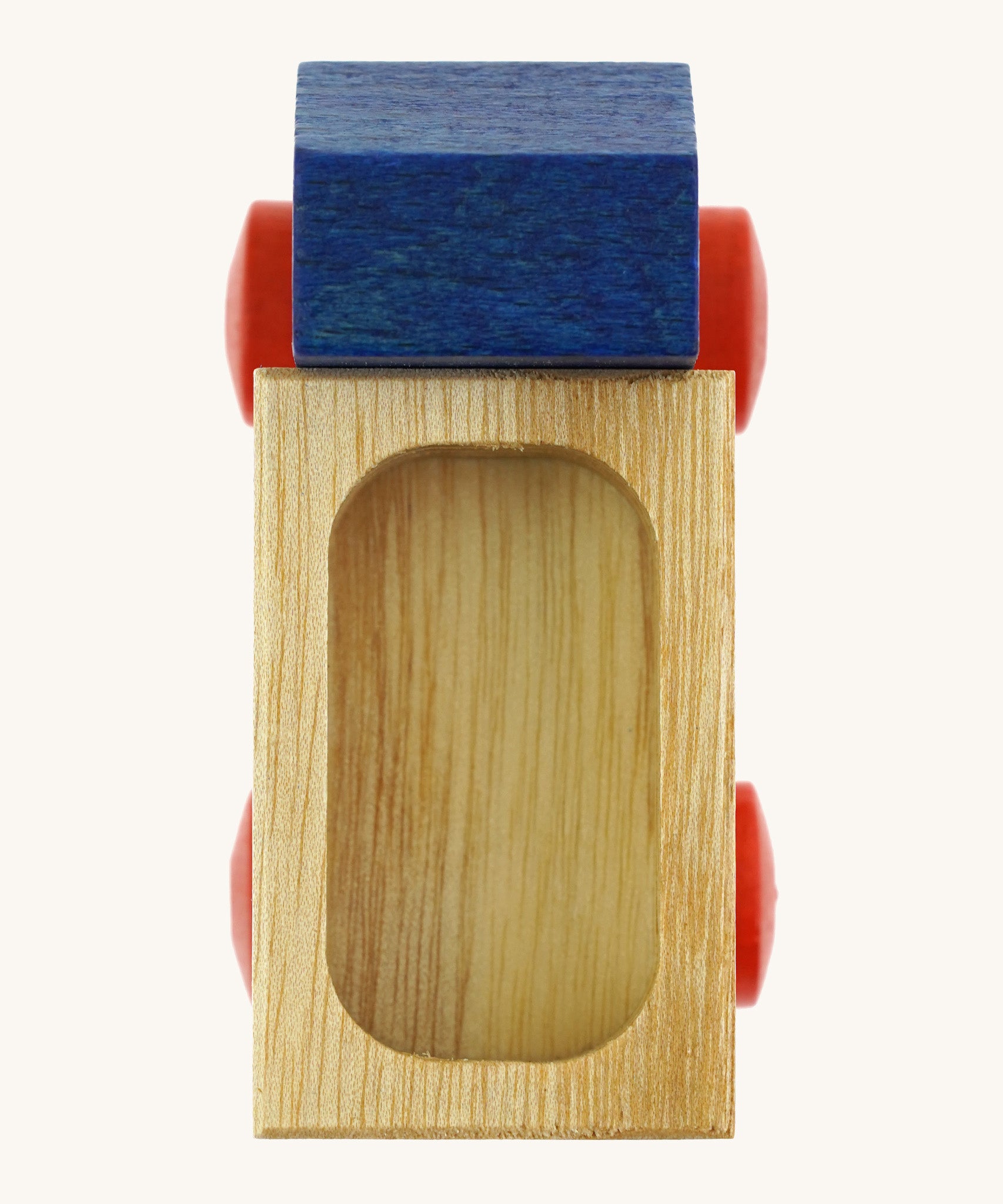 A close up of the trailer detail on the Beck wooden lorry toy in blue available at Babipur. 