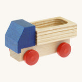 Beck wooden lorry toy available at Babipur. This lorry has a blue cab, unpainted trailer and red wheels.