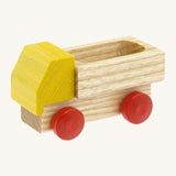 Beck wooden lorry toy available at Babipur. This lorry has a yellow cab, unpainted trailer and red wheels.