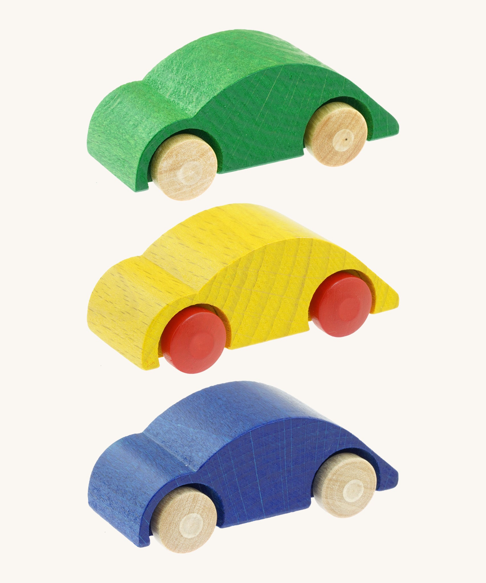 Beck wooden speedy race car toy in blue, green and yellow available at Babipur. These wooden car toys have a  classic beetle shape with the yellow car having red wheels