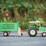 Beck Holzspielzeug wooden Spiel Gut awarded toy tractor and hay wagon attachment, for farm small world play.