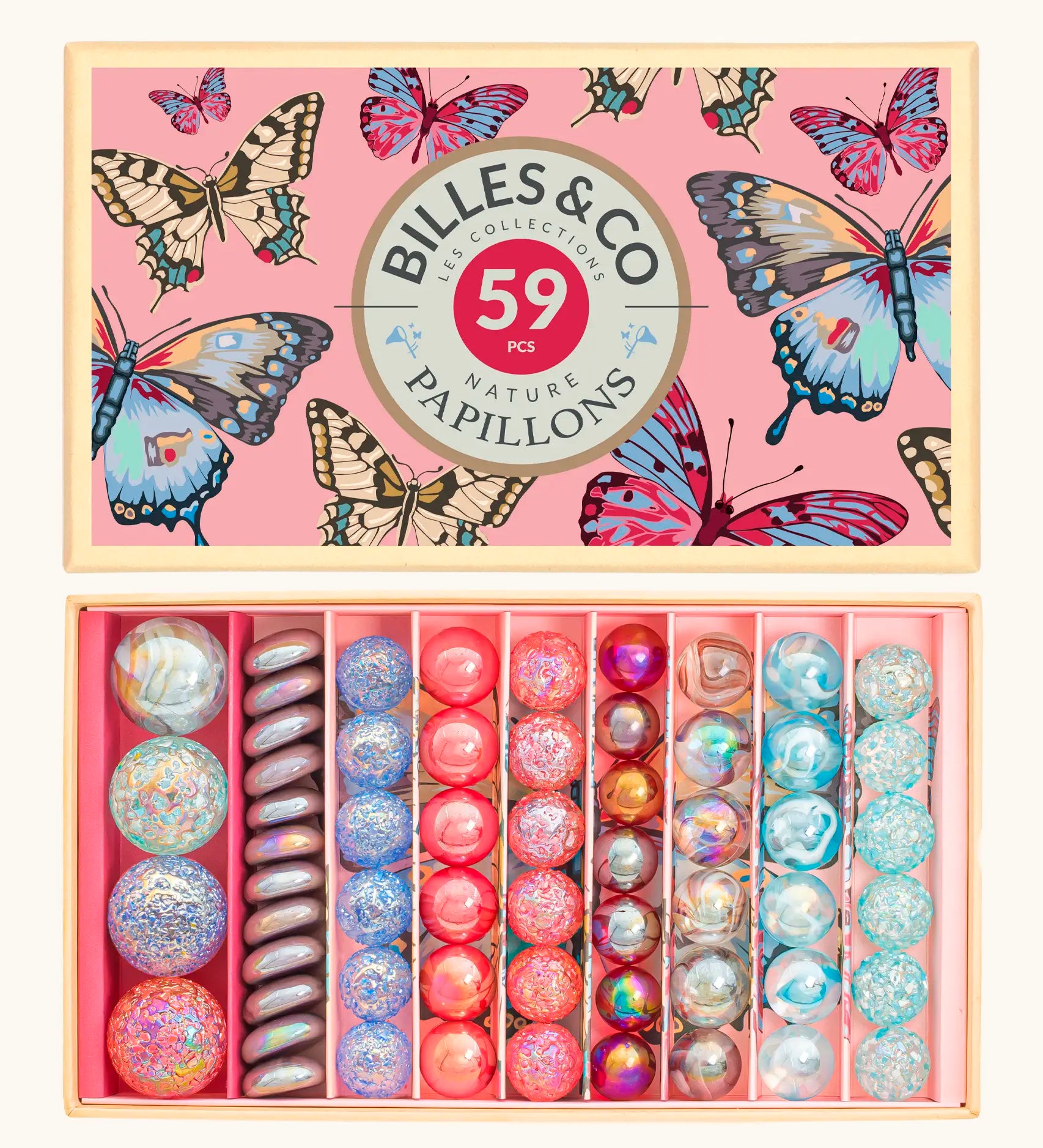 Billes & Co butterfly anamorphic marble set presented in a butterfly decorated box. Showing 71 different sized marbles in bright pastel colours