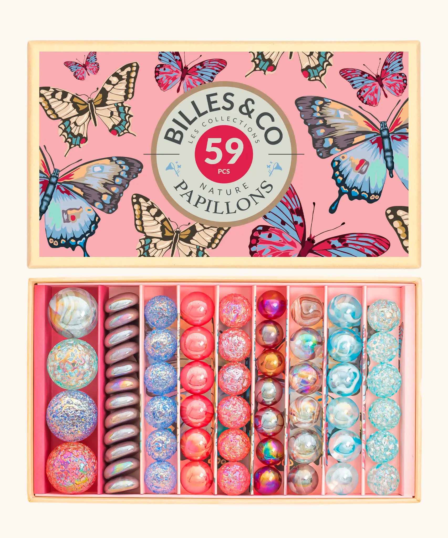Billes & Co butterfly anamorphic marble set presented in a butterfly decorated box. Showing 71 different sized marbles in bright pastel colours