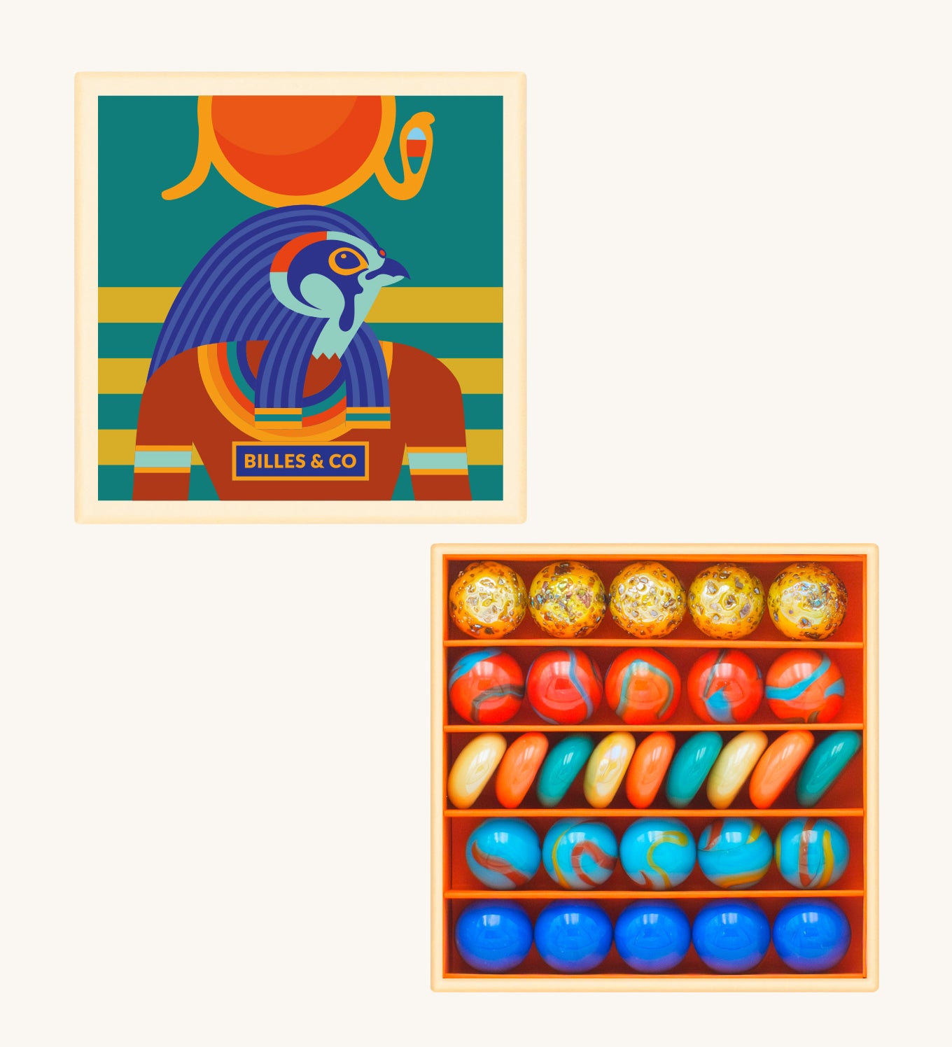 Billes & Co Horus mini marble box available at Babipur. A box of 29 marbles and pebbles in Horus inspired colours. Set comes in a cardboard box with a Horus god on the front.