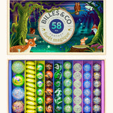 Billes & Co forest magic marble set showing 58 large small and flat coloured marbles presented in a magic forest themed box