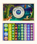 Billes & Co forest magic marble set showing 58 large small and flat coloured marbles presented in a magic forest themed box