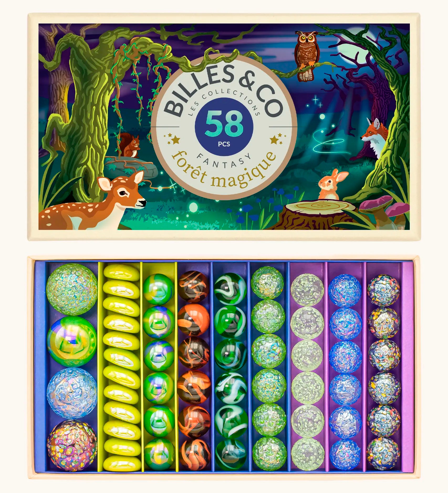 Billes & Co forest magic marble set showing 58 large small and flat coloured marbles presented in a magic forest themed box