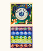 Billes & Co forest magic marble set showing 25 different coloured marbles presented in a magic forest themed box