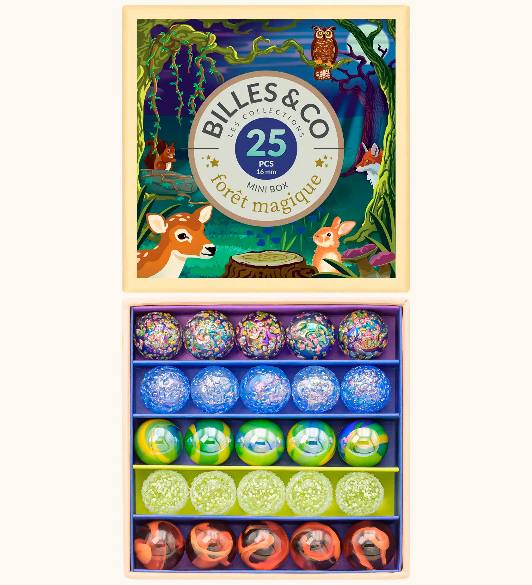 Billes & Co forest magic marble set showing 25 different coloured marbles presented in a magic forest themed box
