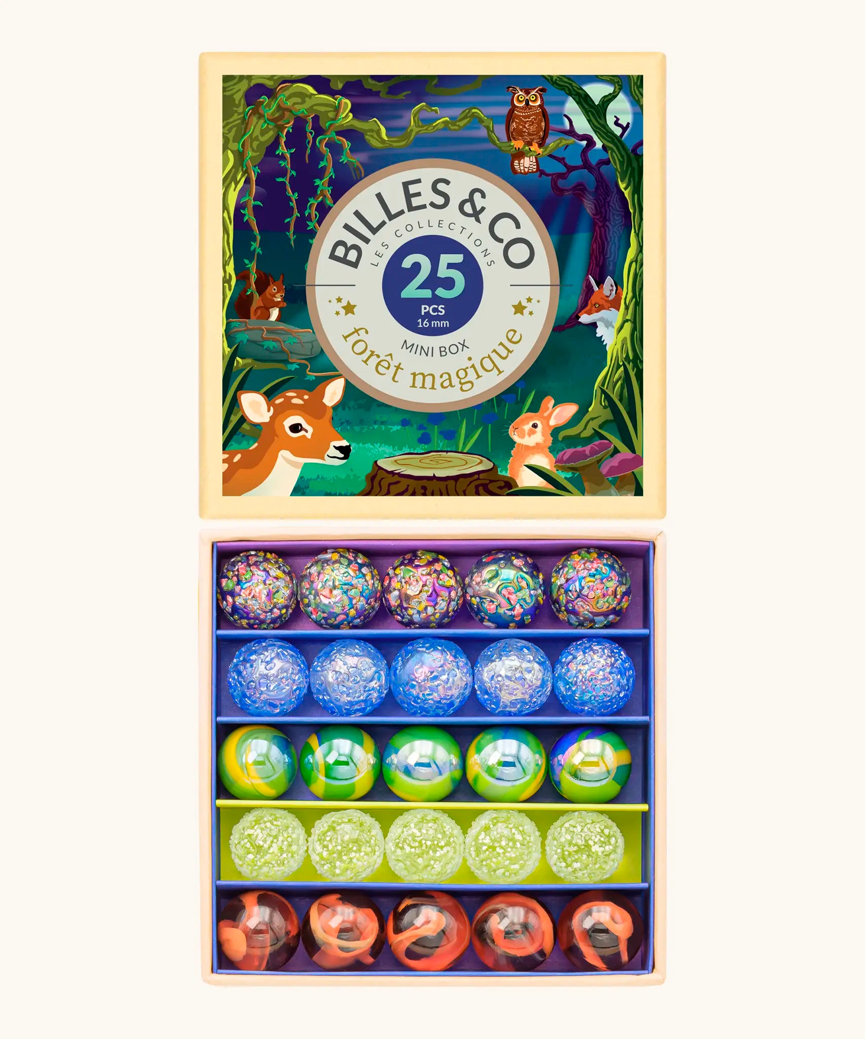 Billes & Co forest magic marble set showing 25 different coloured marbles presented in a magic forest themed box